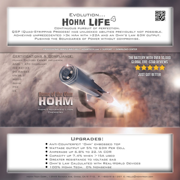 Hohm Tech "Hohm Life 4" Battery 18650 (Single) - WholesaleVapor.com